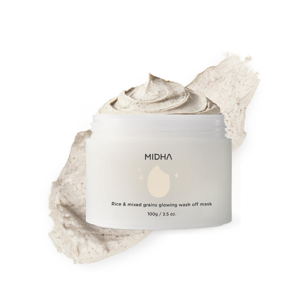 MIDHA Rice and Mixed Grains Glow Wash-off Mask packshot showing premium skincare ritual