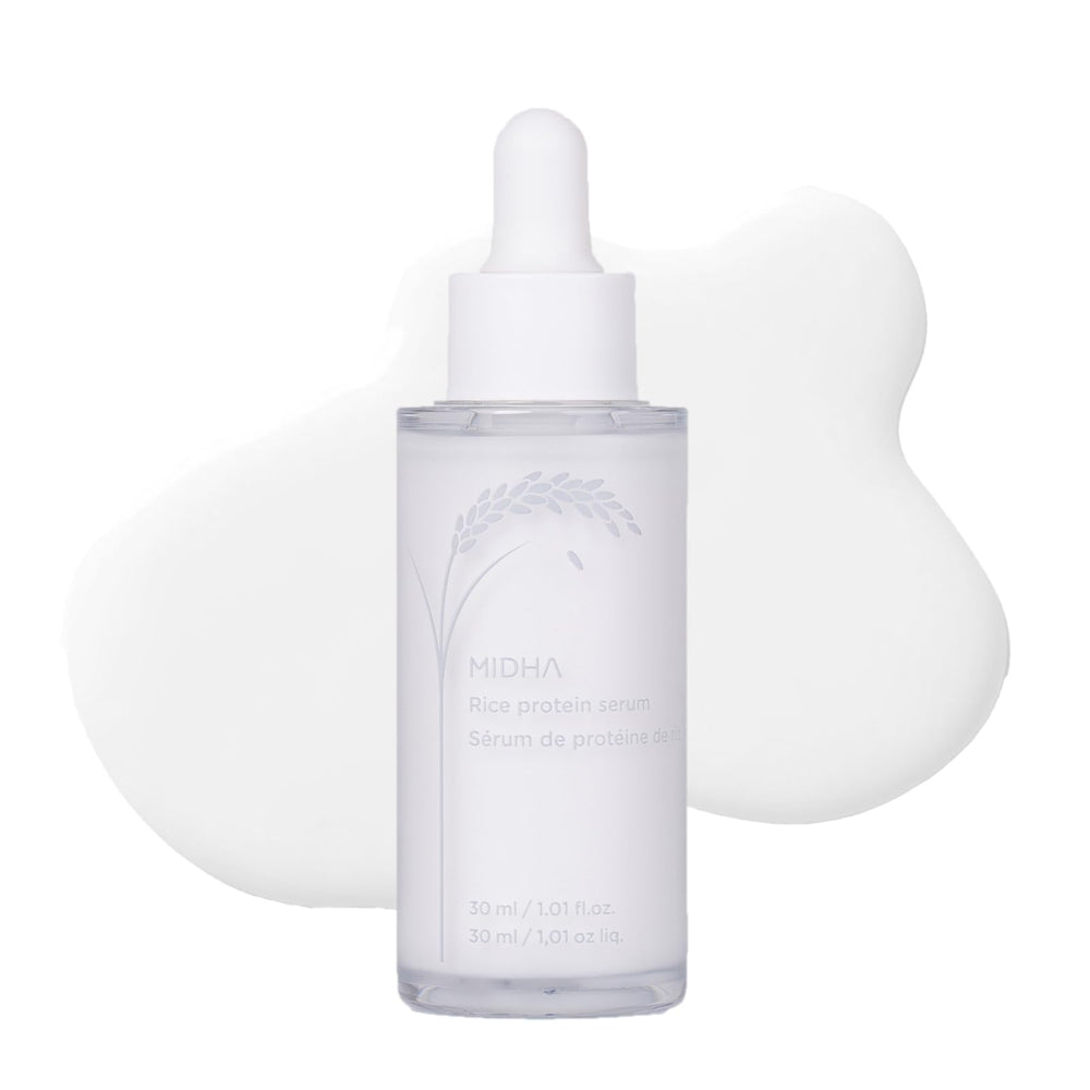 MIDHA Rice Protein Serum bottle close-up shows deep hydration potential