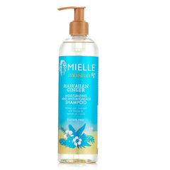 Mielle Moisture RX Hawaiian Ginger shampoo bottle pour for hydration and softness.