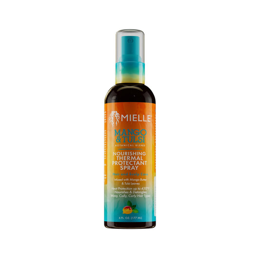 Mielle Organics Nourishing Thermal Heat Protectant Spray bottle shields strands during blow-drying.