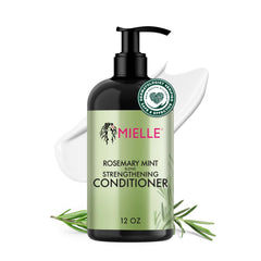 Mielle Organics Rosemary Mint conditioner bottle enhances detangling and manageability.