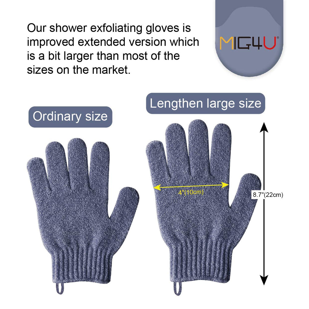 Elastic wrist MIG4U shower glove demonstrates secure, comfortable fit during showers
