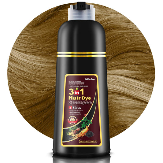 Mihkiom Hair Dye Shampoo 3in1 bottle closeup shows natural color formula for quick refresh