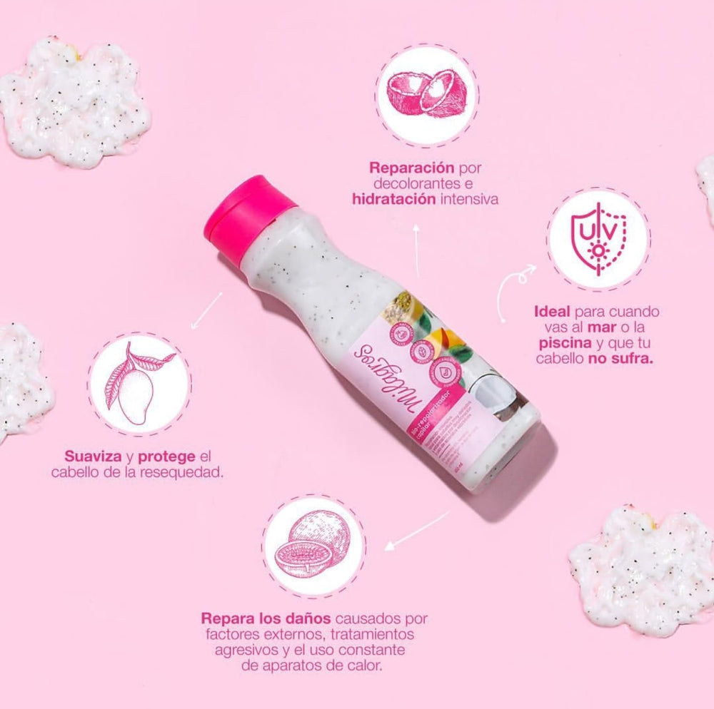 Milagros Biorepolarizer hair-treatment bottle front, supports stronger-feeling hair after chemical styling