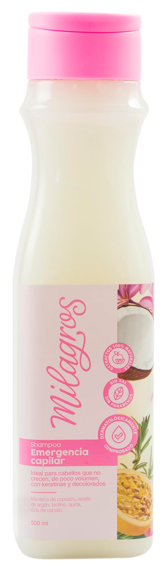 Milagros Emergency Hair Shampoo bottle pouring for gentle cleansing and hair vitality.