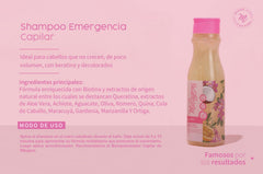 Milagros Emergency Hair Shampoo label close-up showing natural ingredients and eco-friendly packaging.