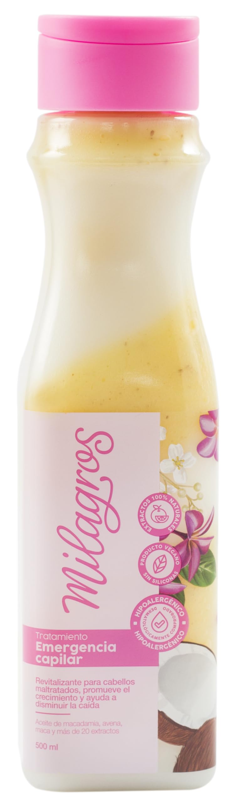 MILAGROS Emergency Hair Treatment bottle pouring to hydrate and renew hair
