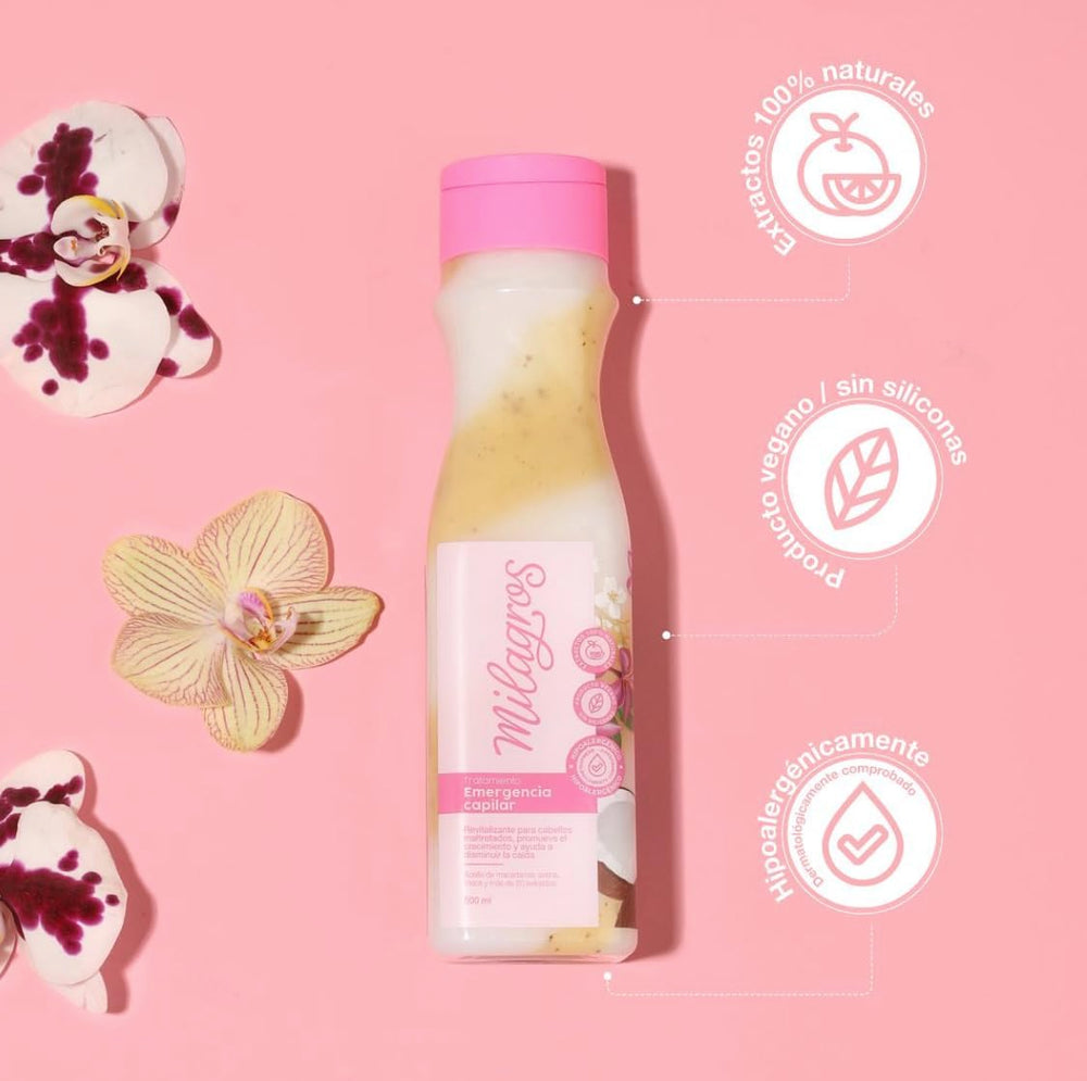 MILAGROS Emergency Hair Treatment ingredients highlight papaya, mango, rosemary, and ginger