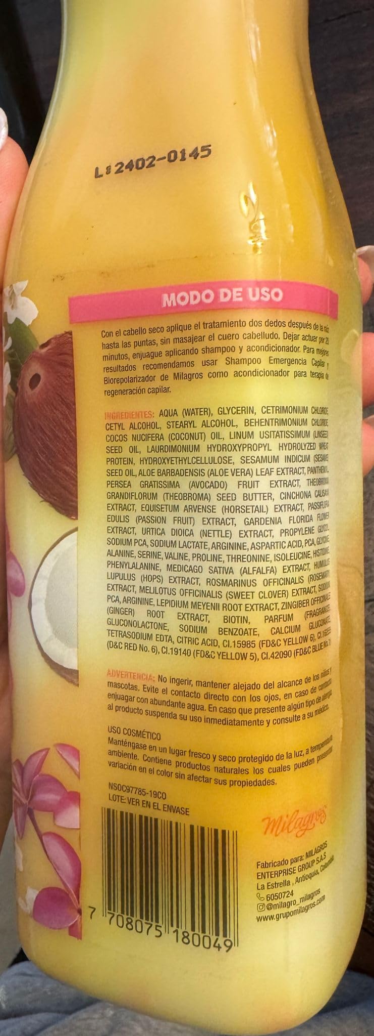 MILAGROS Emergency Hair Treatment packaging front emphasizes natural Colombian heritage