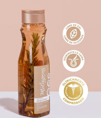 Milagros Shampoo Herbal ingredients closeup, showcasing natural extracts for gentle cleansing