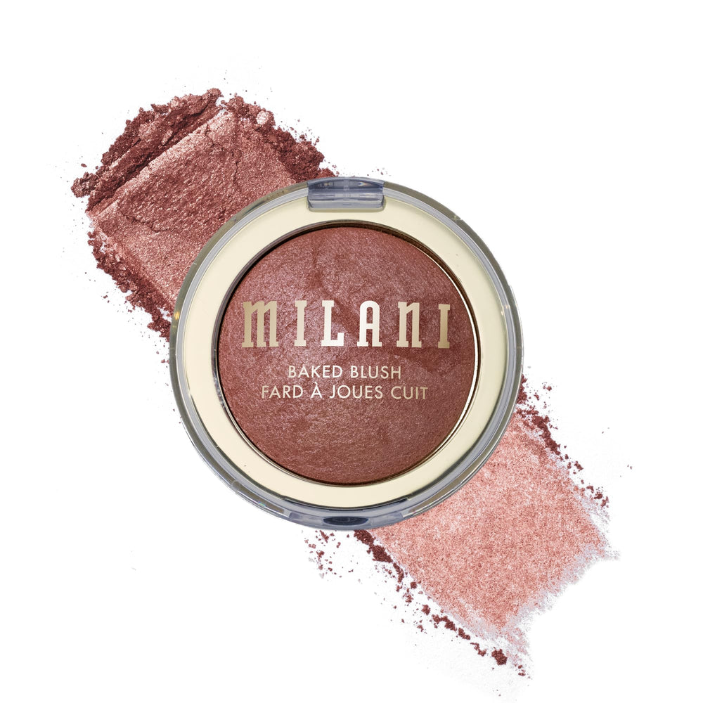 Milani Baked Blush rosy shade adds natural glow to cheeks.