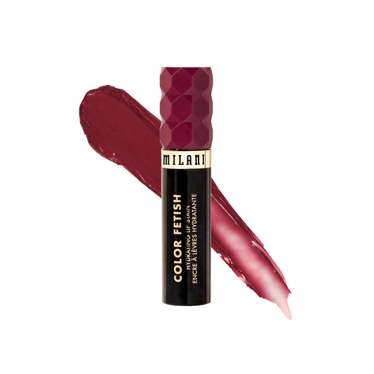 Milani Color Fetish Lip Stain 160 Bitten Berry swatches show buildable glossy to semi-matte color.