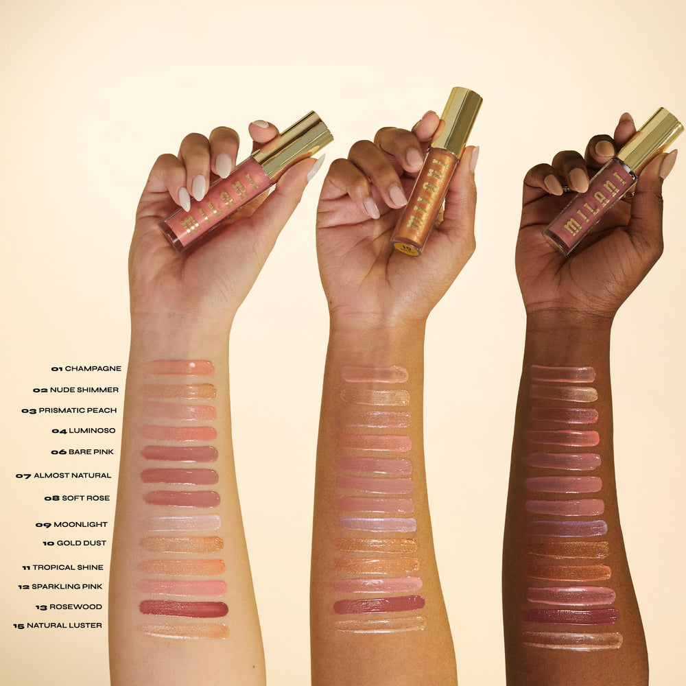 Cruelty-free Milani gloss logo highlight and non-sticky texture.