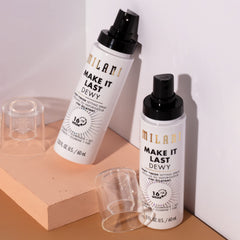 Milani Make It Dewy mist being applied for a dewy, refreshed look.