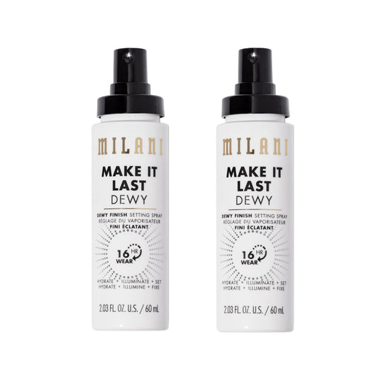Milani Make It Dewy spray bottle close-up highlighting hydration and glow.