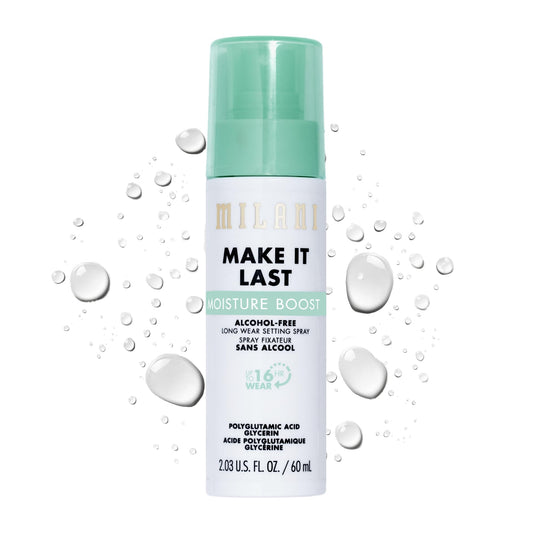 Milani Make It Last Moisture Boost setting spray bottle closeup showing hydration and long-lasting makeup hold