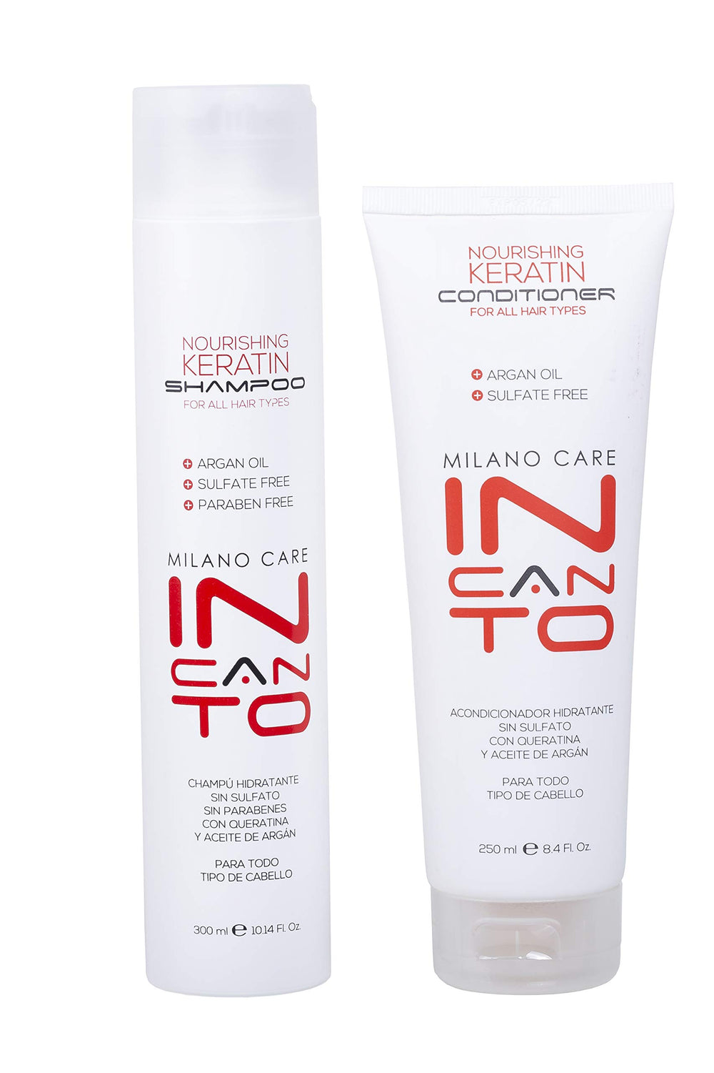 Milano Care keratin shampoo bottle pour for hydrated, strengthened hair.