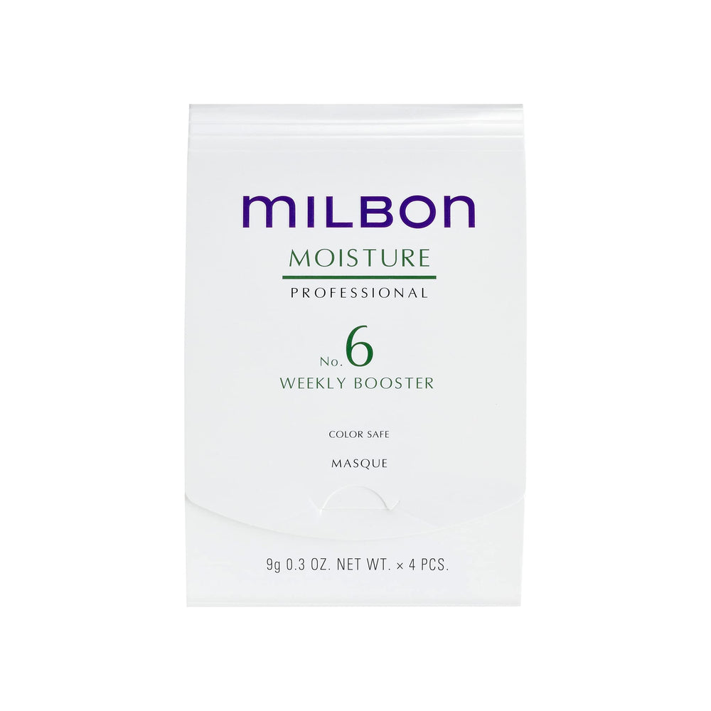 Milbon Moisture No.6 Weekly Booster bottle close-up for deep conditioning and color vitality.