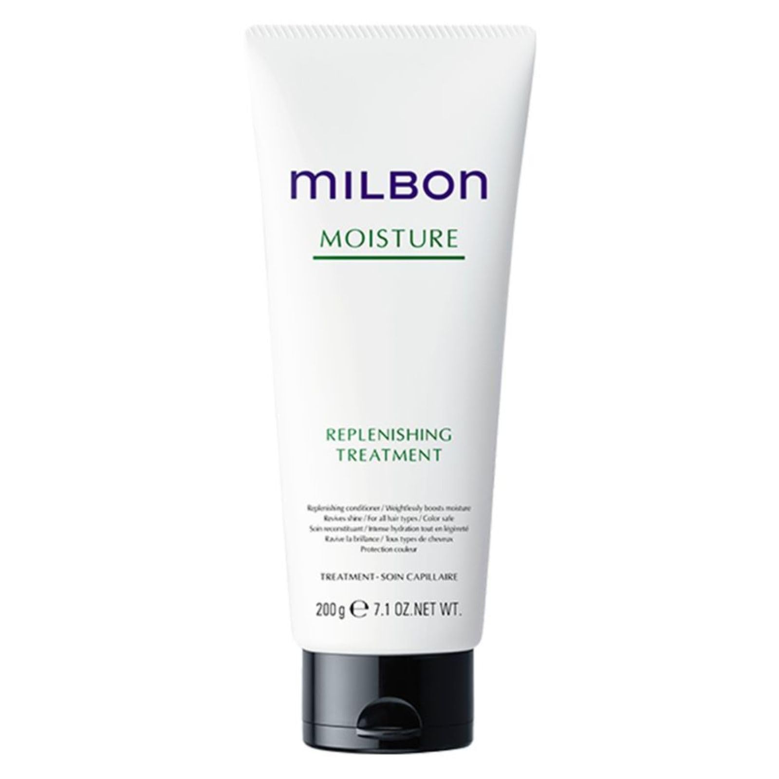 Milbon Moisture Replenishing Conditioner bottle showing weightless hydration for all hair types