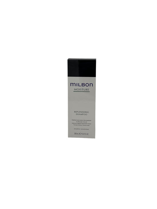 Milbon Moisture Replenishing Treatment bottle highlights hydrating formula for dry hair.