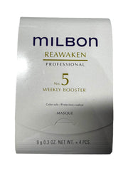 Milbon No. 5 Reawaken bottle pour showing moisturizing booster for dry, aging hair.