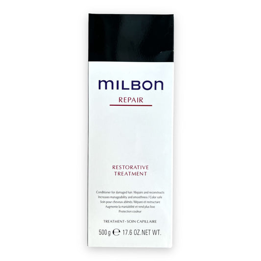 Milbon Repair Restorative Conditioner bottle close-up showing color-safe hair care benefits