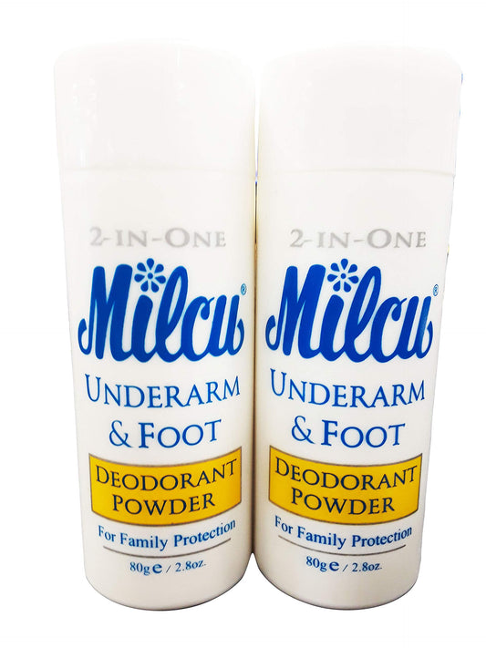 Milcu deodorant powder bottle front view for long-lasting freshness.