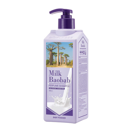 Milk Baobab Official Perfume Shampoo bottle close-up shows baby powder scent that lasts.