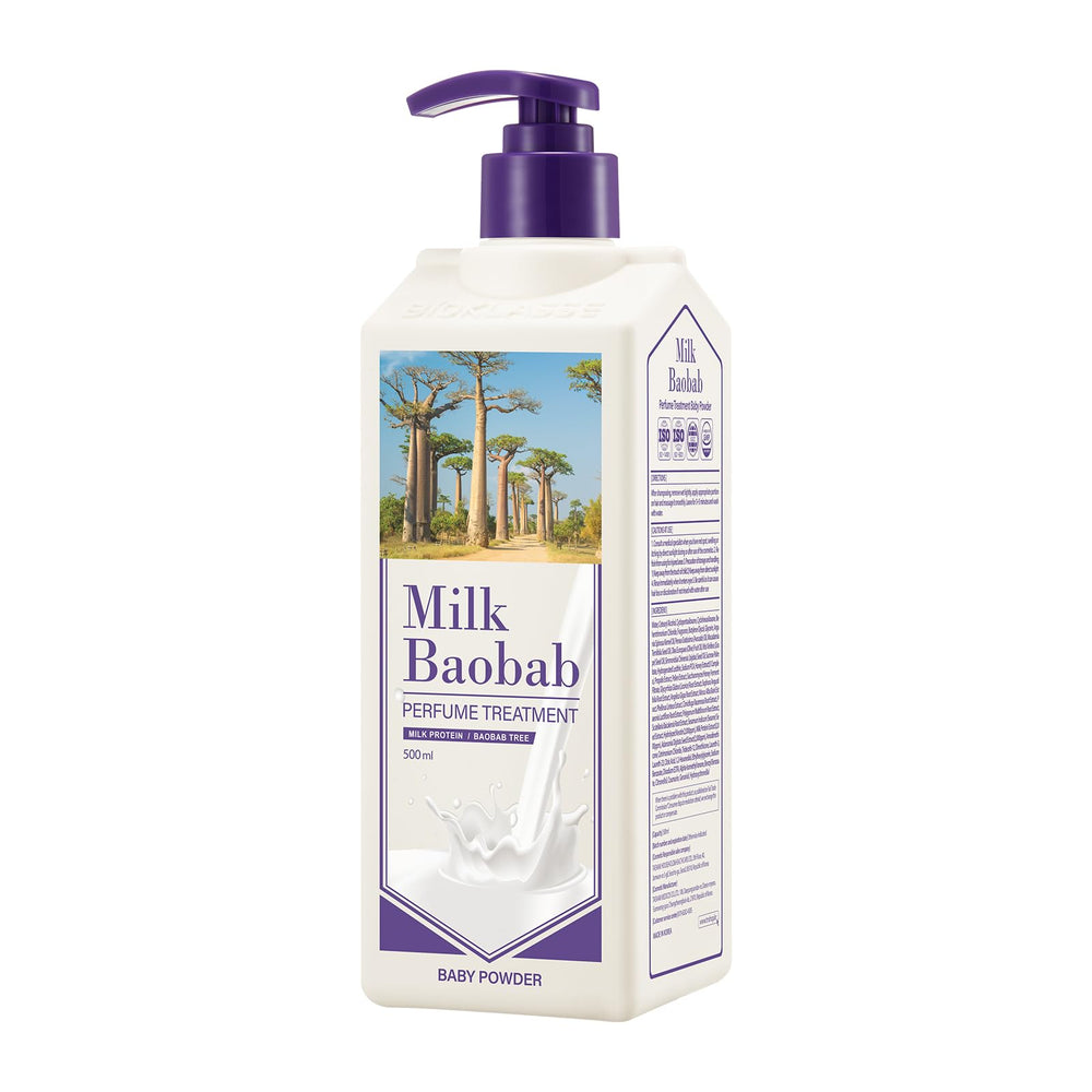 Milk Baobab perfume treatment bottle close-up highlighting premium packaging and silky hair feel