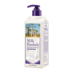 Milk Baobab perfume treatment bottle close-up highlighting premium packaging and silky hair feel