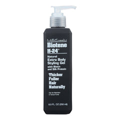 Mill Creek Biotene H-24 styling gel bottle showing extra body and shine for fine hair.