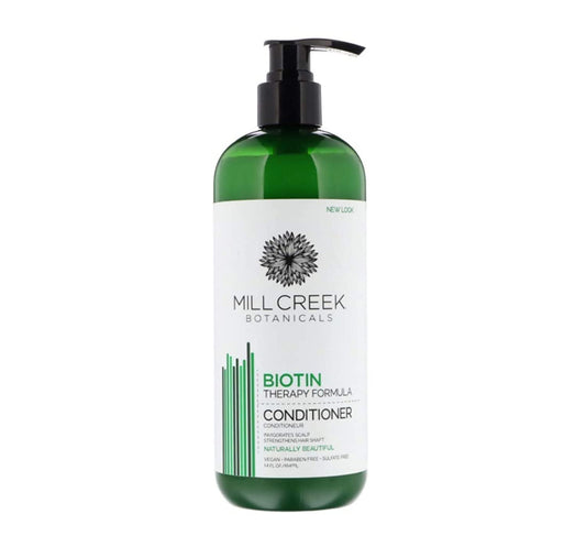 Mill Creek Biotin Conditioner front bottle highlights shine and manageability.