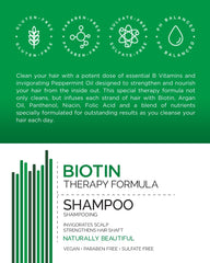 Mill Creek Biotin Shampoo bottle on bathroom shelf for daily use.