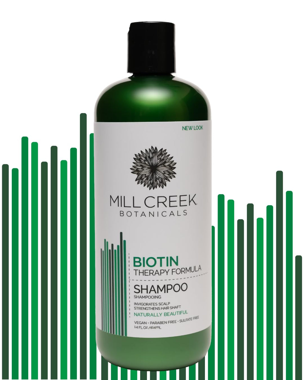 Mill Creek Biotin Shampoo label with biotin blend for hair growth support.