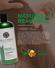 Mill Creek Biotin Shampoo packaging showcases natural and organic ingredients.