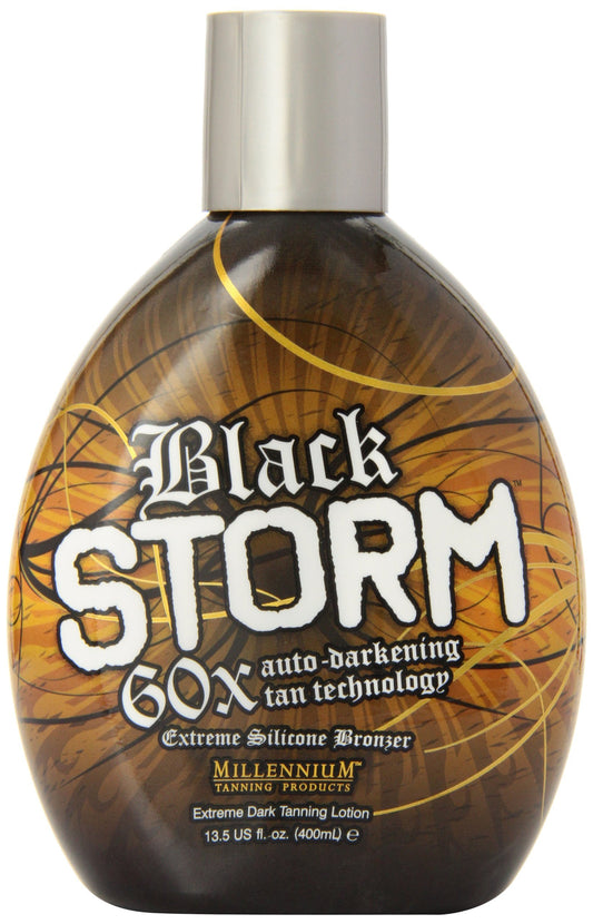 Millennium Tanning Black Storm 60x bottle closeup with silky silicone bronzer
