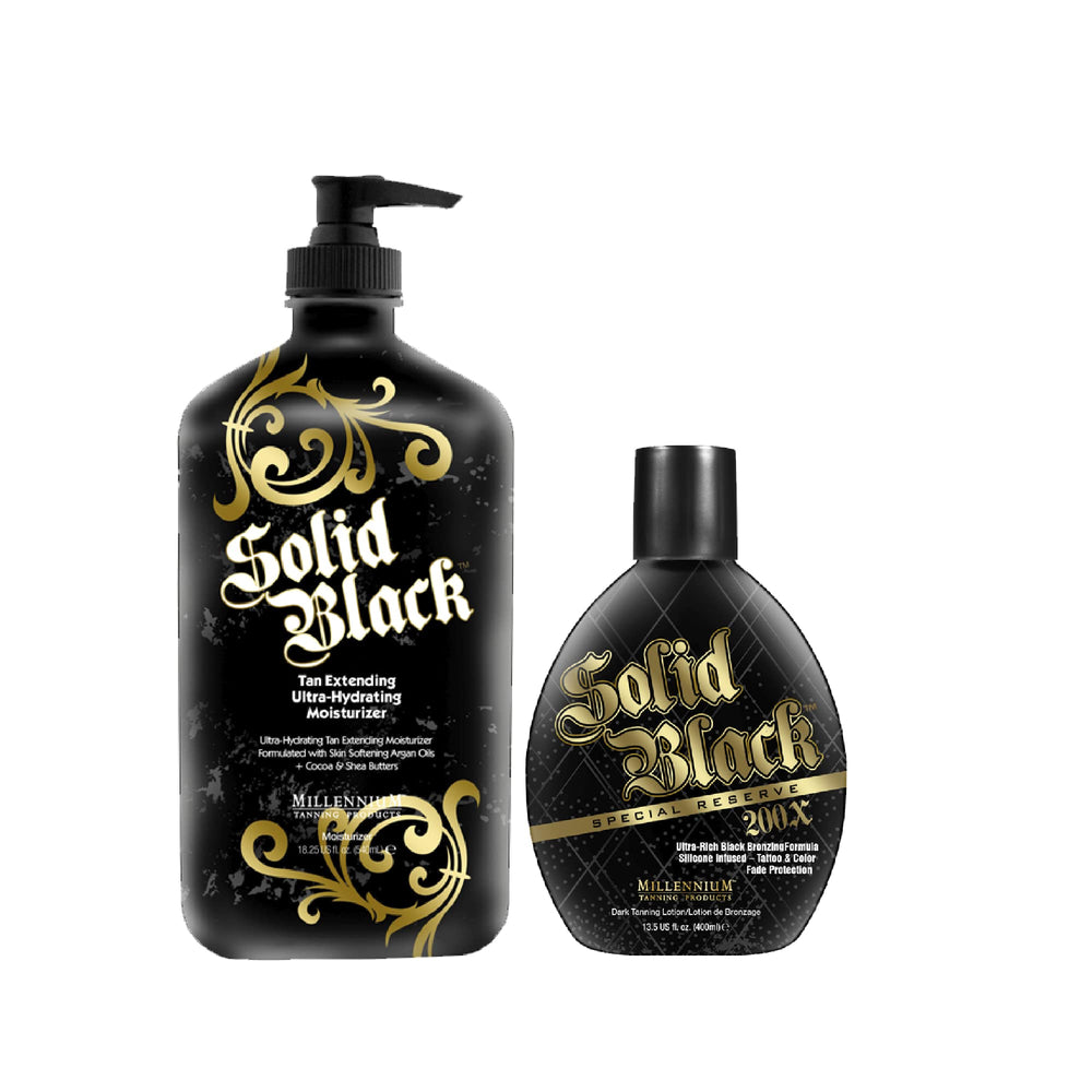 Millennium Tanning Solid Black 200x bronzer bottle with deep color for a bold tan
