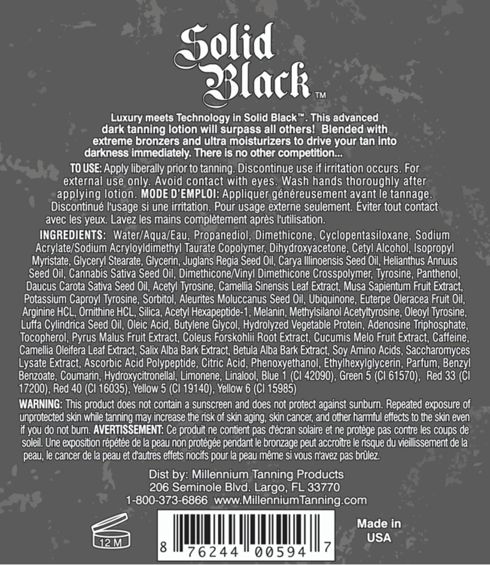 Millennium Tanning Solid Black long-lasting bronze finish on skin