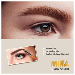 The 50 ml MinaiBrow Brow Scrub packaging for on-the-go use.