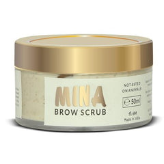 MinaiBrow Brow Scrub ingredients panel shows natural oils and shea butter.