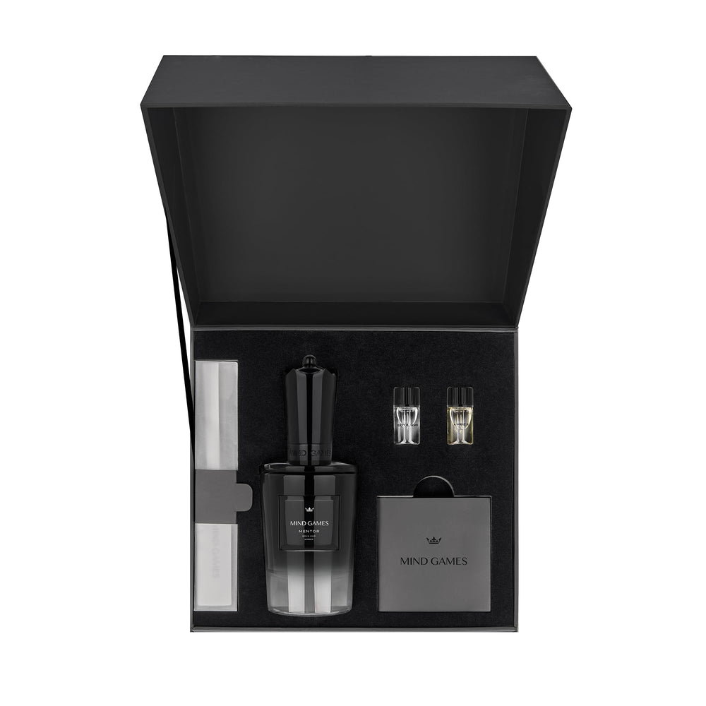 MIND GAMES Mentor dry-down image shows oud, sandalwood, and tonka for lasting warmth