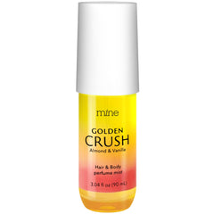Mine hair perfume bottle close-up with almond vanilla aroma for daily refresh