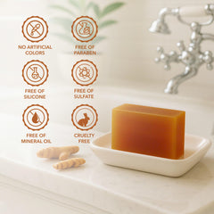Mine soap texture close-up highlighting turmeric-infused bar and texture