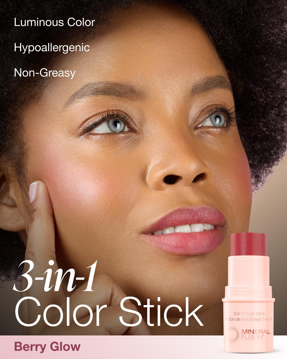 Mineral Fusion Berry Glow on the cheek for a subtle glow.