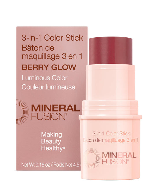 Mineral Fusion 3-in-1 Color Stick Berry Glow on cheeks, lips, and eyes for a radiant look.