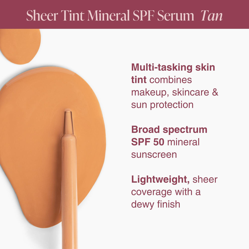 Mineral Fusion Face Serum tinted SPF 50 swatch on skin highlights sheer coverage.