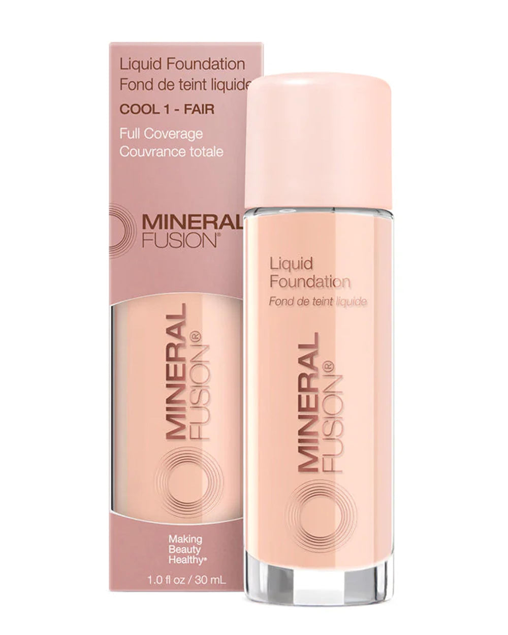 Mineral Fusion full-coverage liquid foundation Cool 1 Fair bottle for a lightweight, blendable finish.