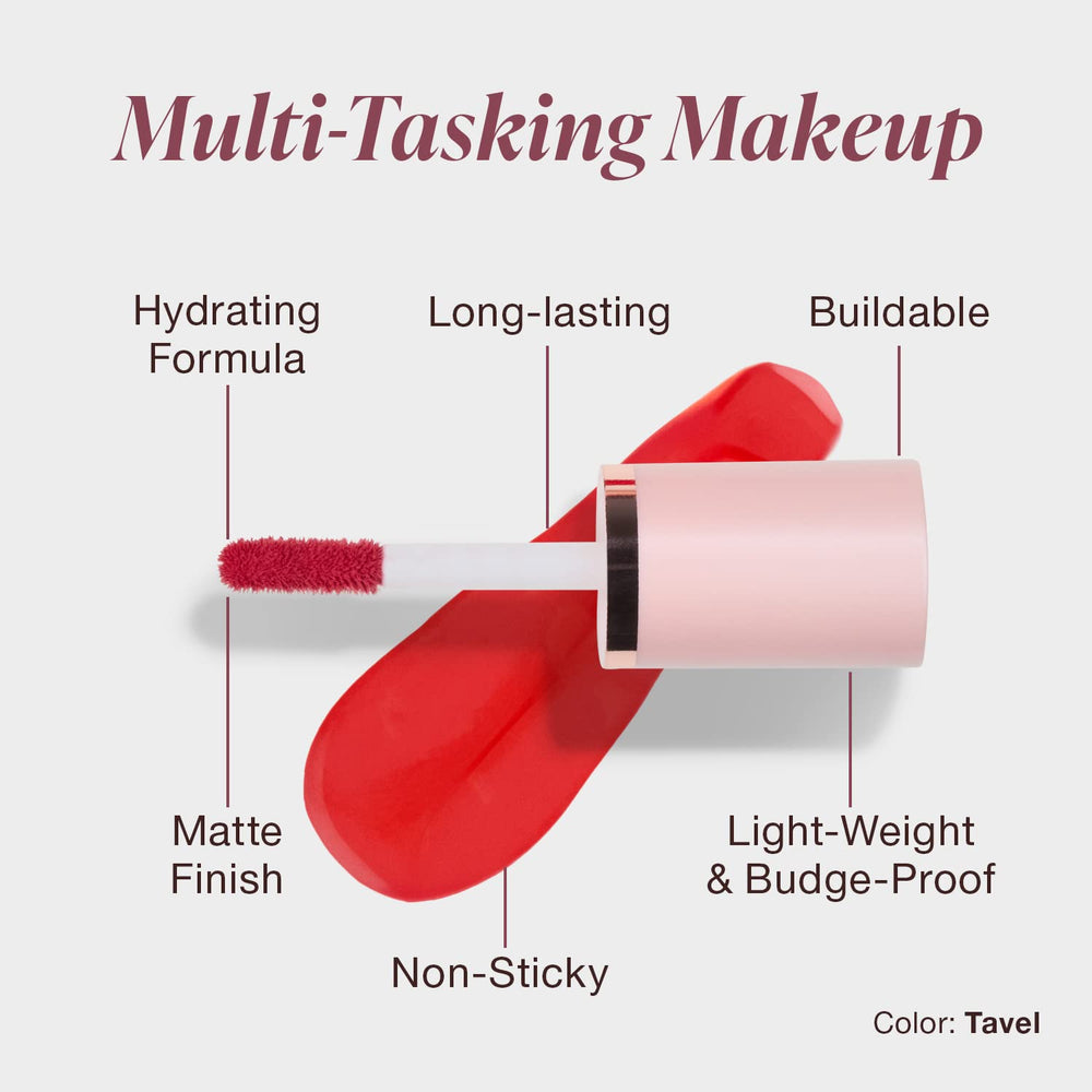 Mineral Fusion Lip Stain Tavel swatch on skin reveals sheer to bold coral color