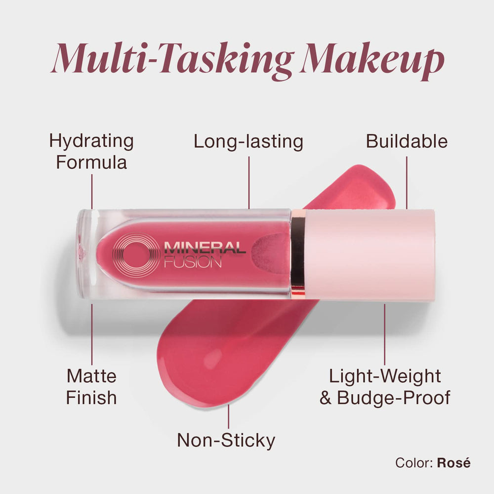 The Mineral Fusion Rose Lip Cheek Stain applicator enables precise color application.