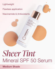 Mineral Fusion SPF 50 tinted serum swatches show natural coverage.